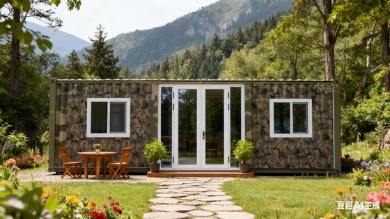 Surface au sol de 37 mètres carrés et maison conteneur à double aile extensible avec salle de bain à séparation sèche et humide