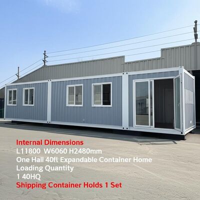 Internal Dimensions L11800 W6060 H2480mm One Hall 40ft Expandable Container Home Loading Quantity 1 40HQ Shipping Container Holds 1 Set